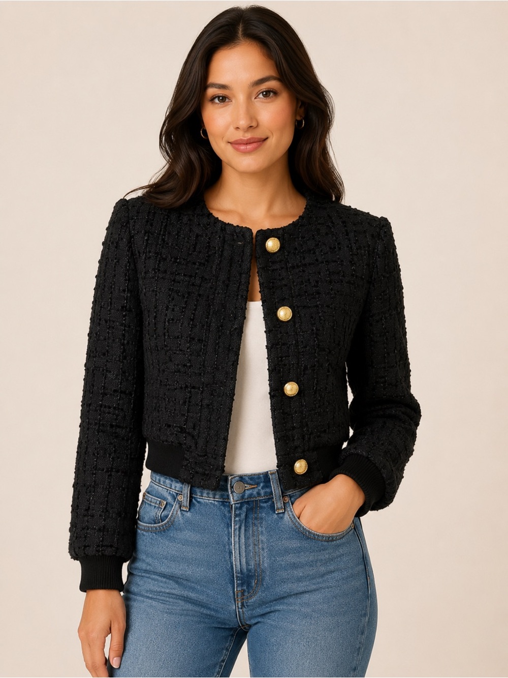 ZARA Black Textured Tweed Cropped Bomber Jacket Gold Button M Preppy Whimsigoth